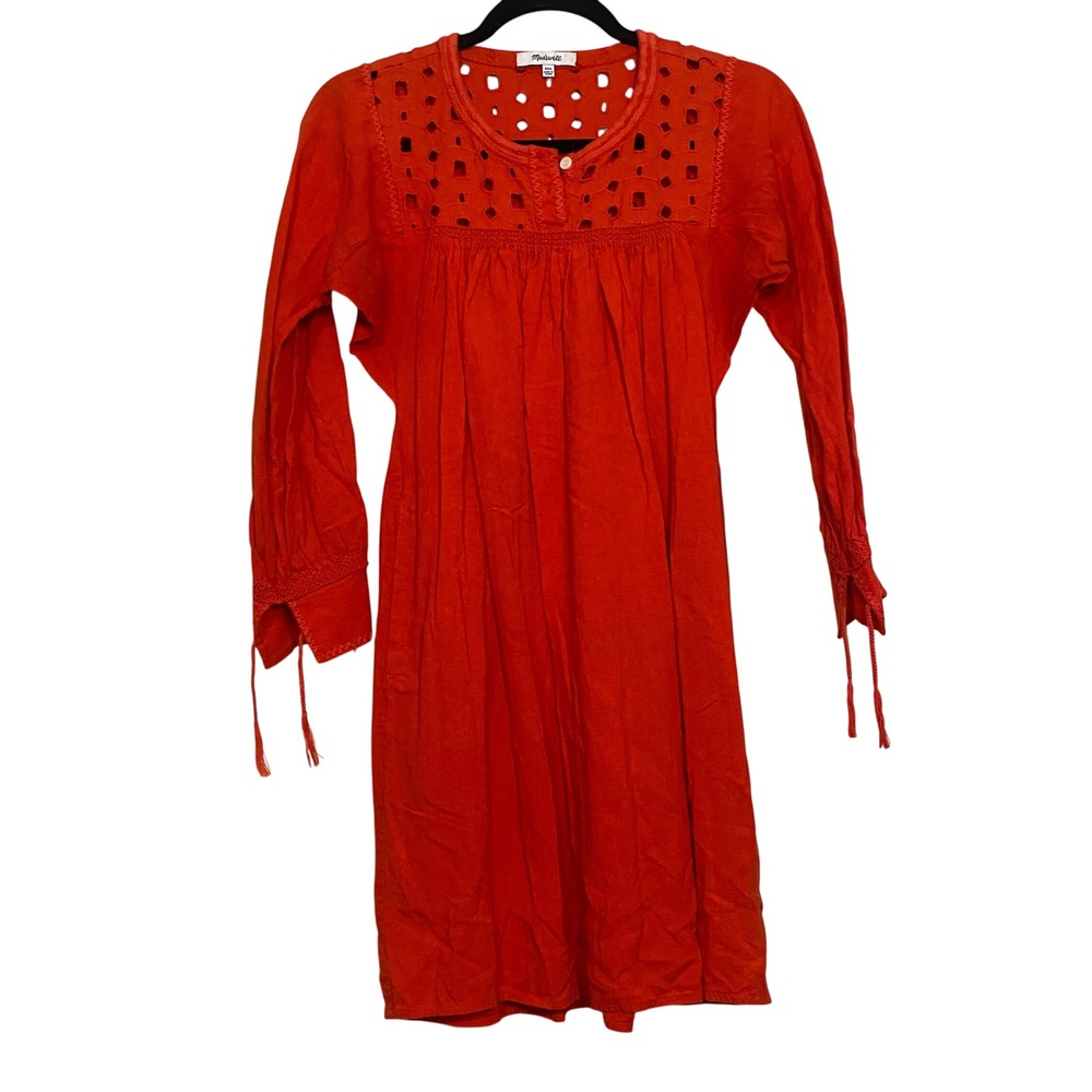 Madewell Eyelet Yoke Tassel Cuff Linen Blend Mini Dress Orange Red F0952 XXS - Picture 1 of 8